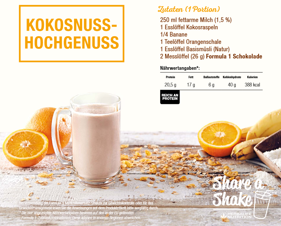 herbalife shake zutaten kokos nuss milch banane orangen müsli schokolade